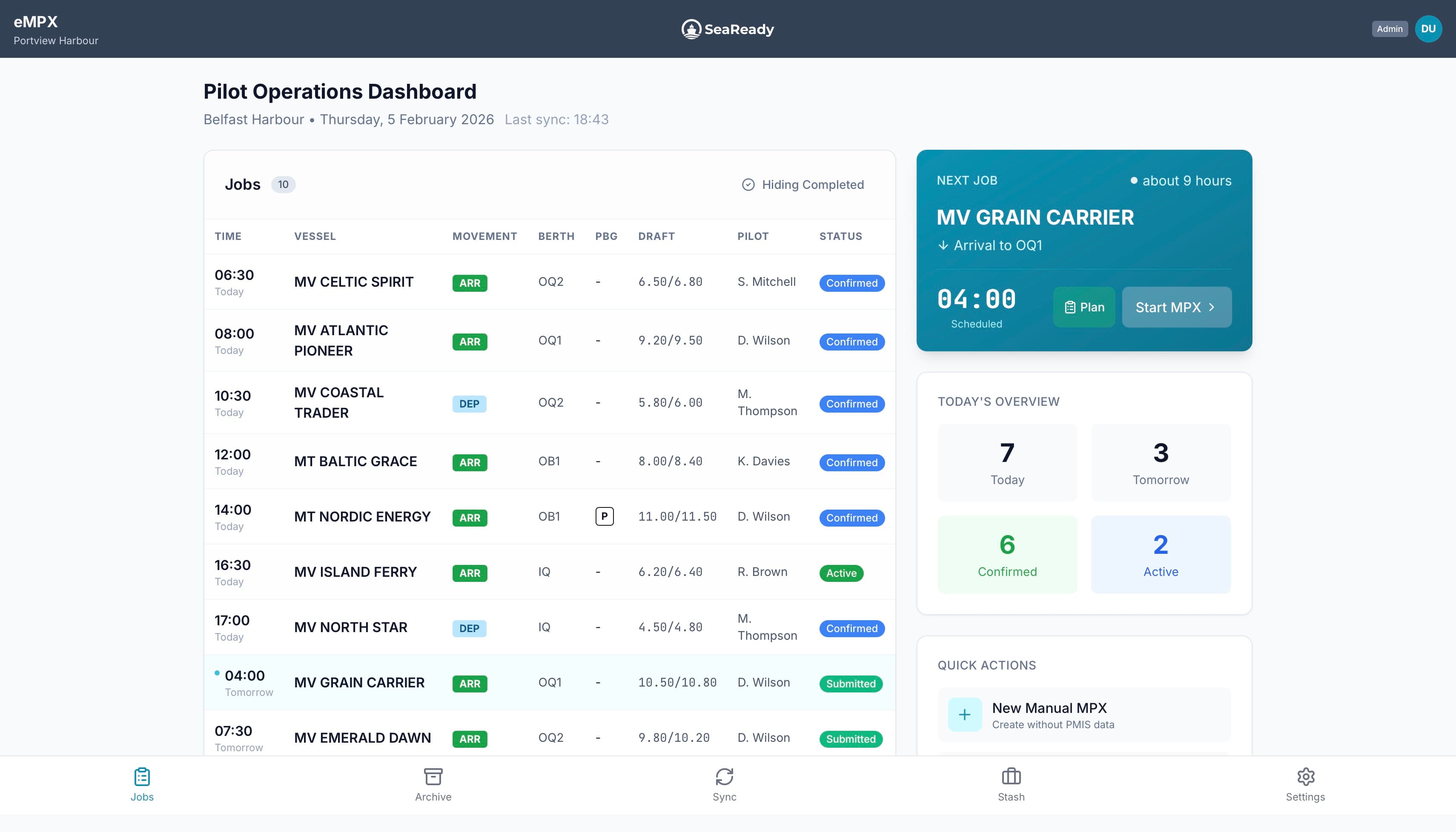 SeaReady eMPX Complete Port Operations Dashboard showing live vessel movements, pilot assignments, and berth operations