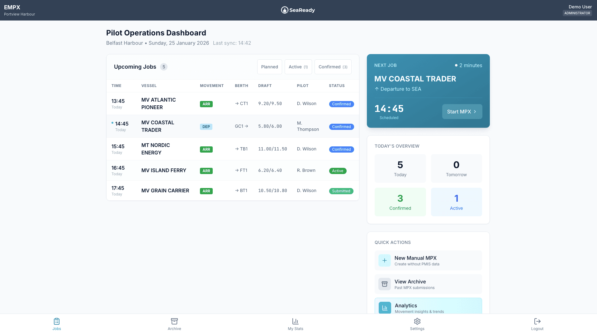 eMPX Complete Port Operations Dashboard showing live vessel movements, pilot assignments, and berth operations