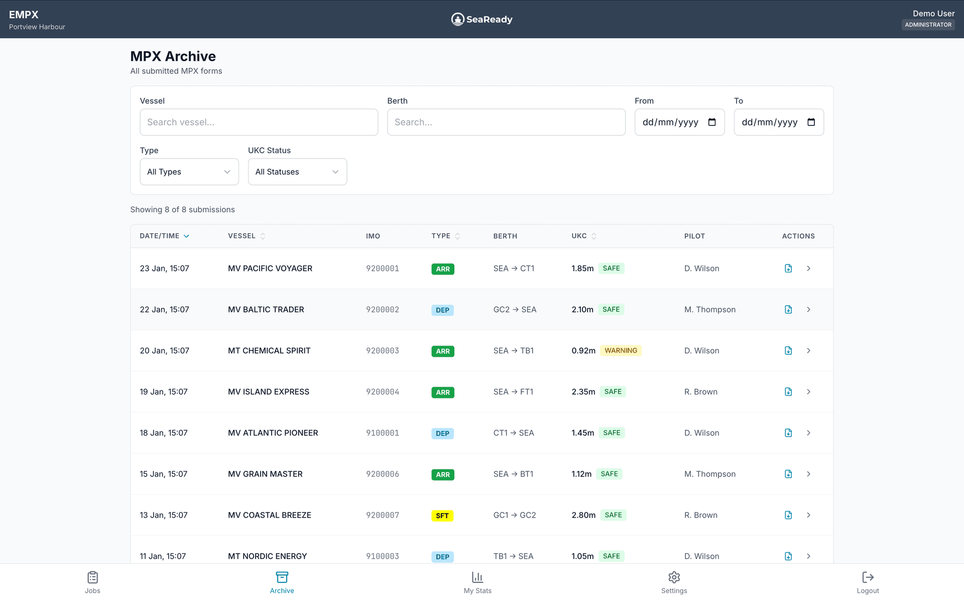eMPX Archive interface showing searchable database of all Master/Pilot Exchange records