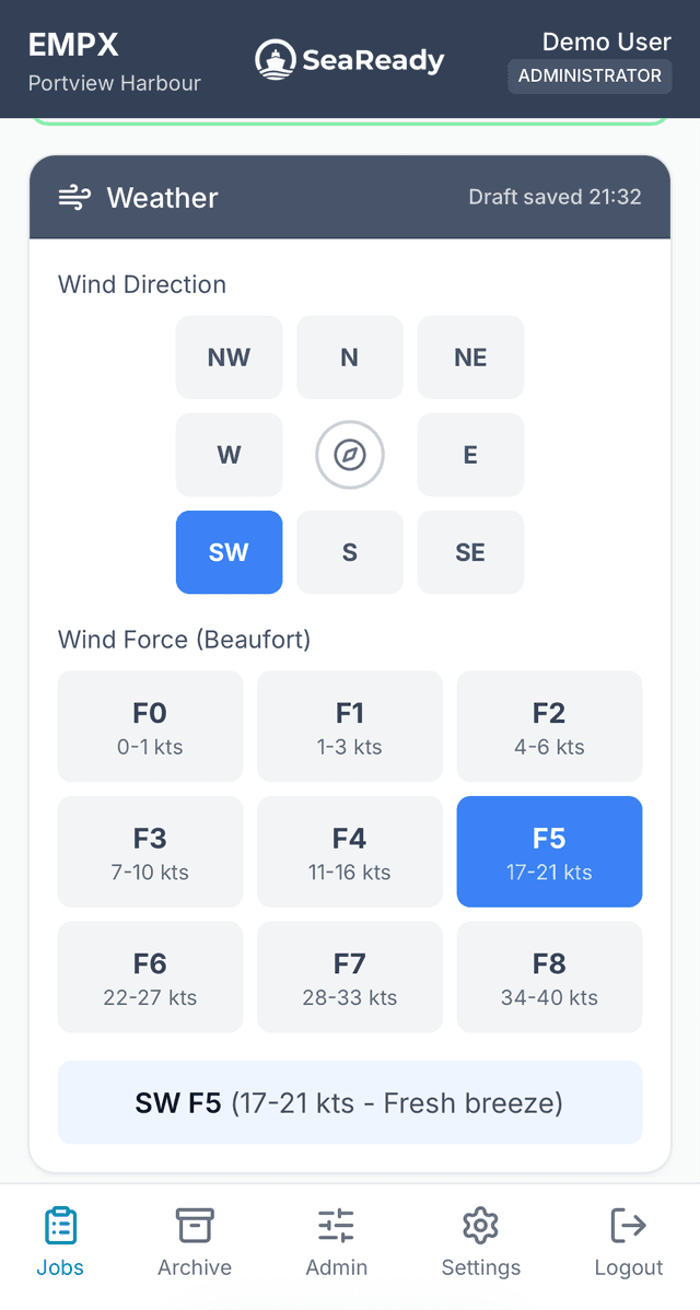 eMPX Weather conditions interface showing wind, visibility and sea state