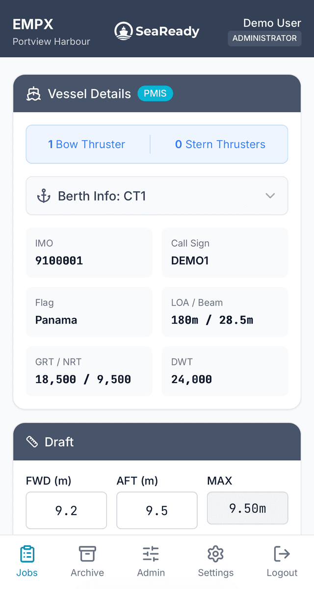 eMPX Vessel details screen with dimensions, draft and air draft information