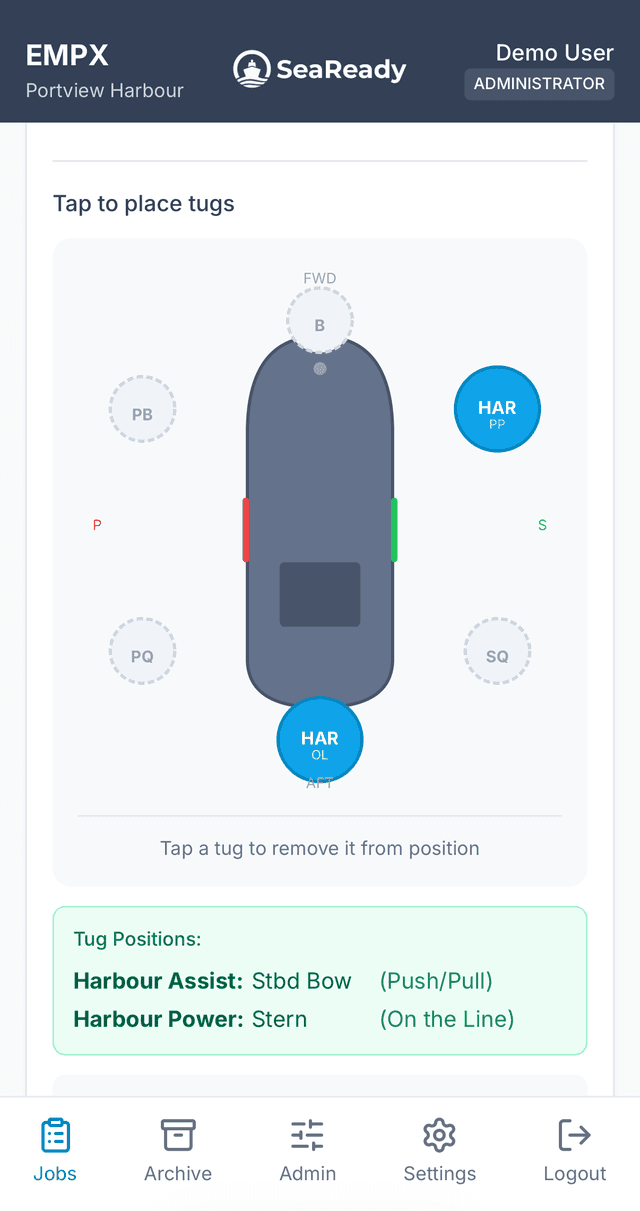 eMPX Towage configuration interface with tug assignments and bollard pull